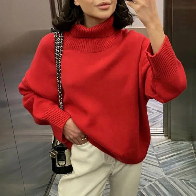 Women's Chunky Turtleneck Sweater in Red