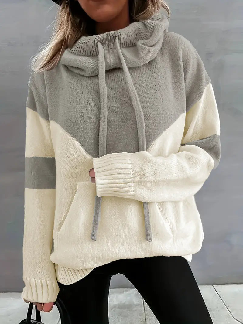 Women's Colour Block Knit Hoodie in Apricot