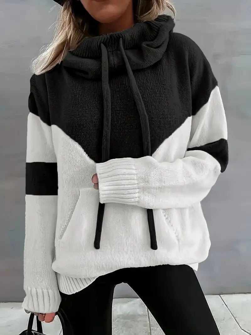 Women's Colour Block Knit Hoodie in Black