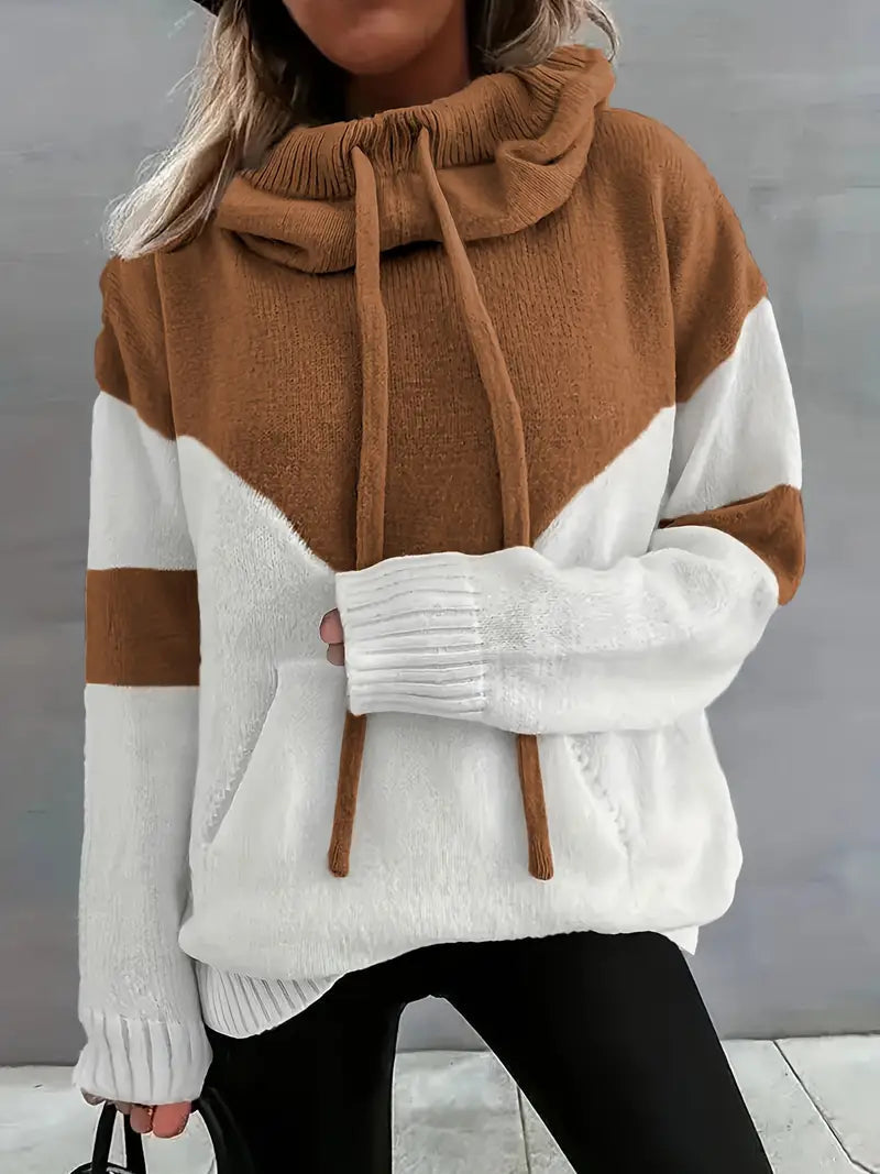 Women's Colour Block Knit Hoodie in Brown