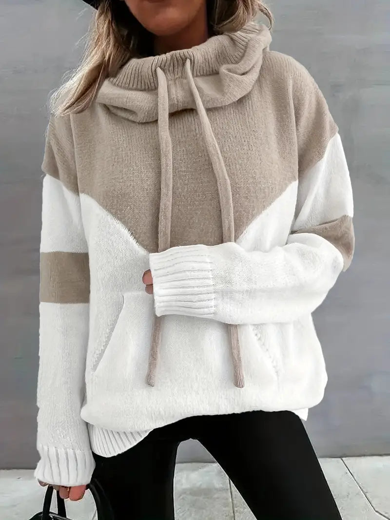 Women's Colour Block Knit Hoodie in Khaki