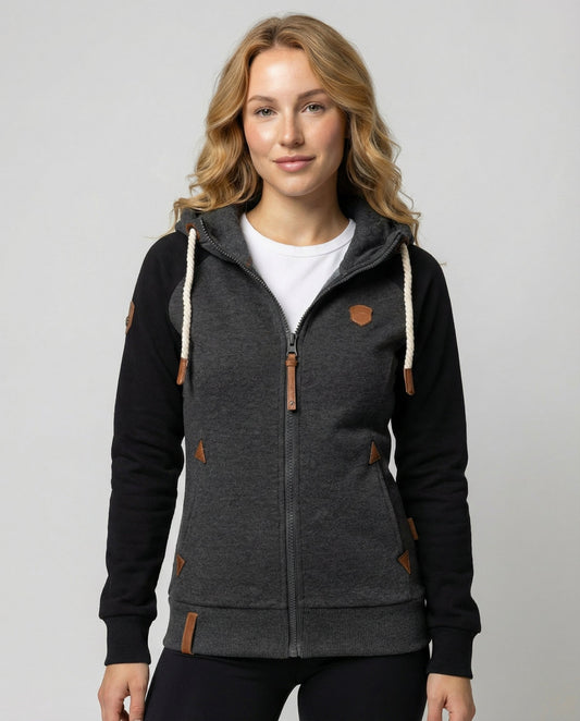 Women's Colour Block Zip Hoodie in Grey and Black