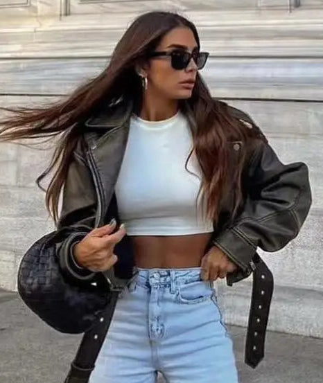 Women's Cropped Biker Jacket in Black