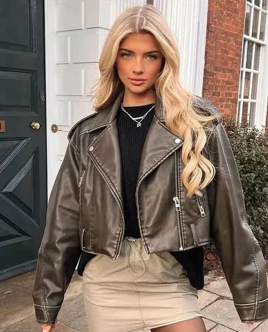 Women's Cropped Biker Jacket in Dark Olive