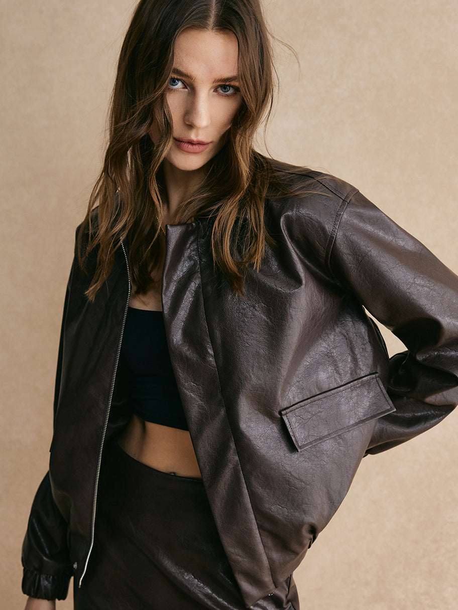 Women's Cropped Faux Leather Bomber in Dark Brown