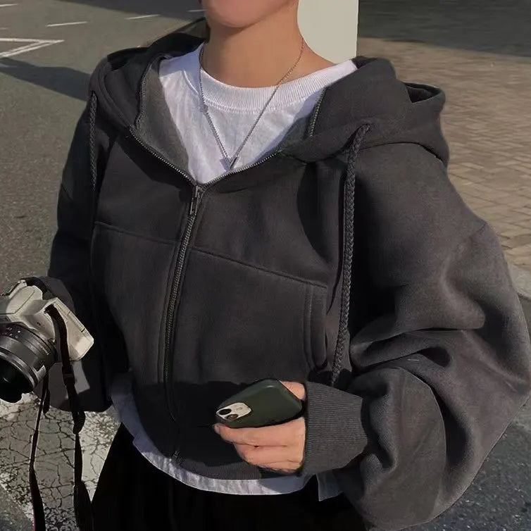 Women's Cropped Zip Up Hoodie in Charcoal