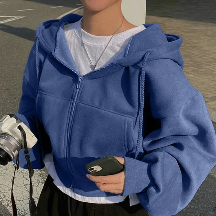 Women's Cropped Zip Up Hoodie in Cornflower Blue