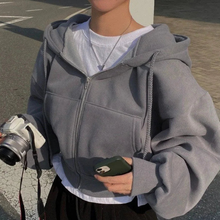 Women's Cropped Zip Up Hoodie in Grey