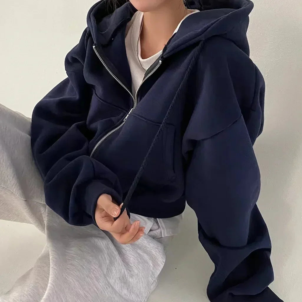 Women's Cropped Zip Up Hoodie in Navy