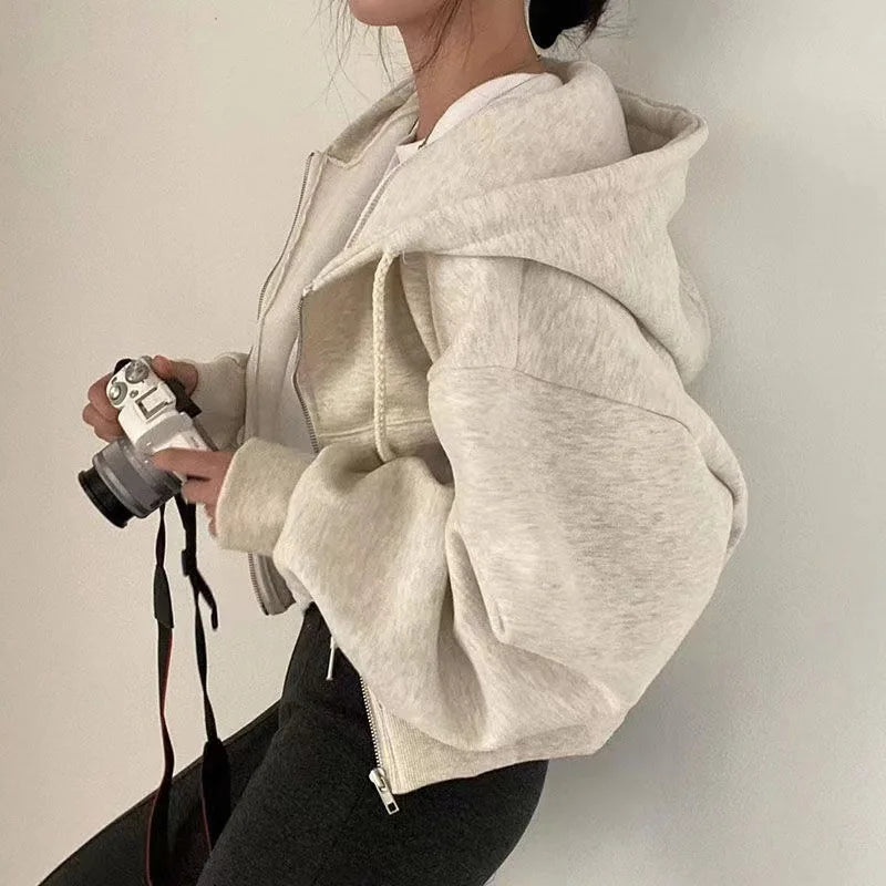 Women's Cropped Zip Up Hoodie in Oatmeal