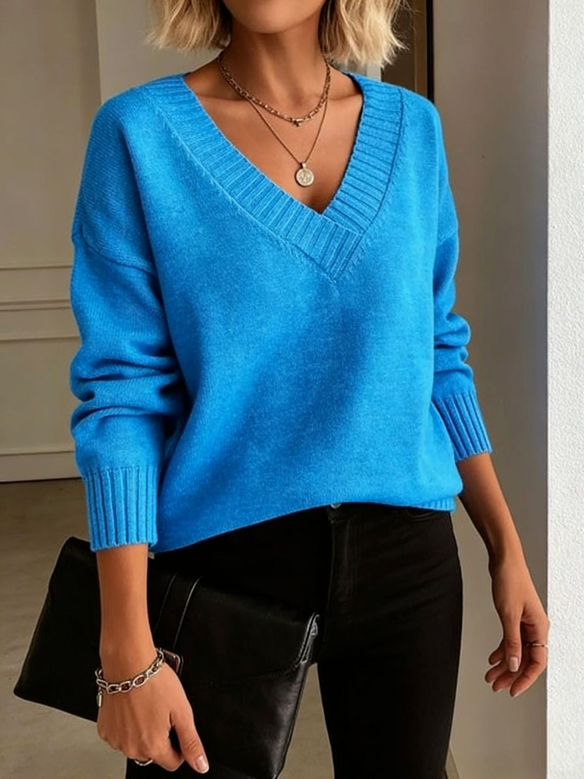 Women's Deep V Neck Knit Sweater in Azure Blue