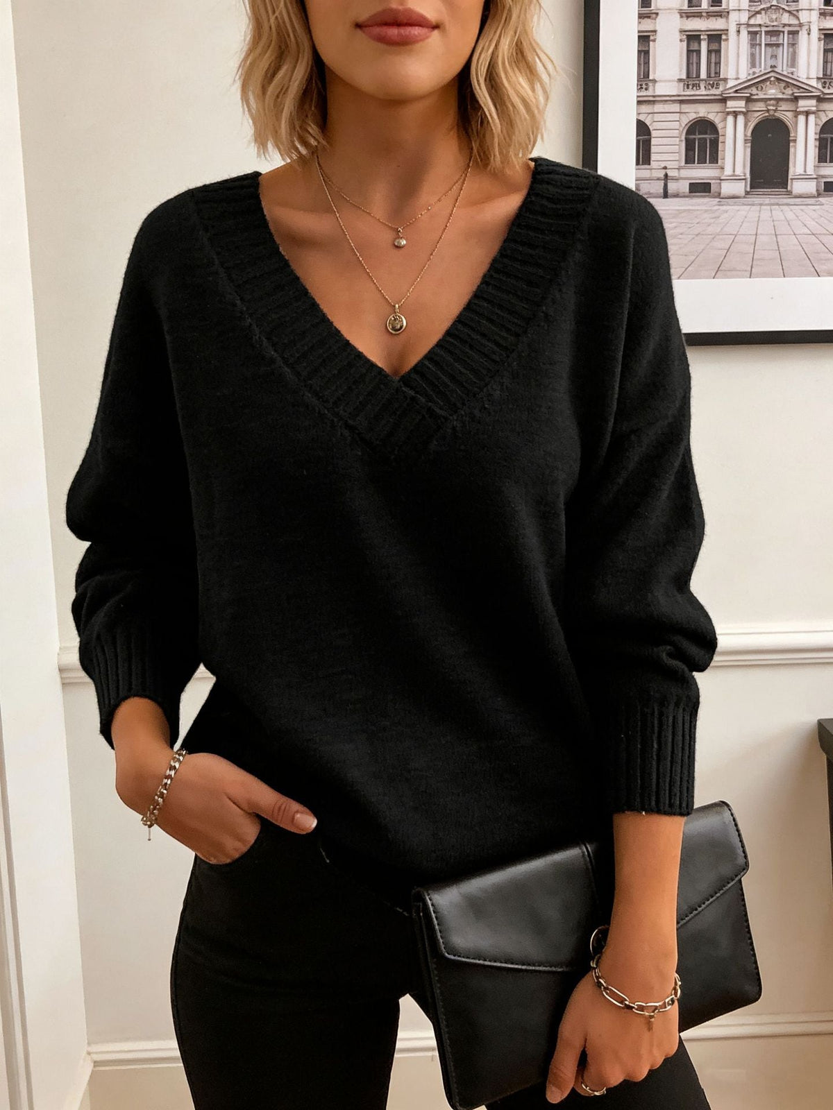 Women's Deep V Neck Knit Sweater in Black