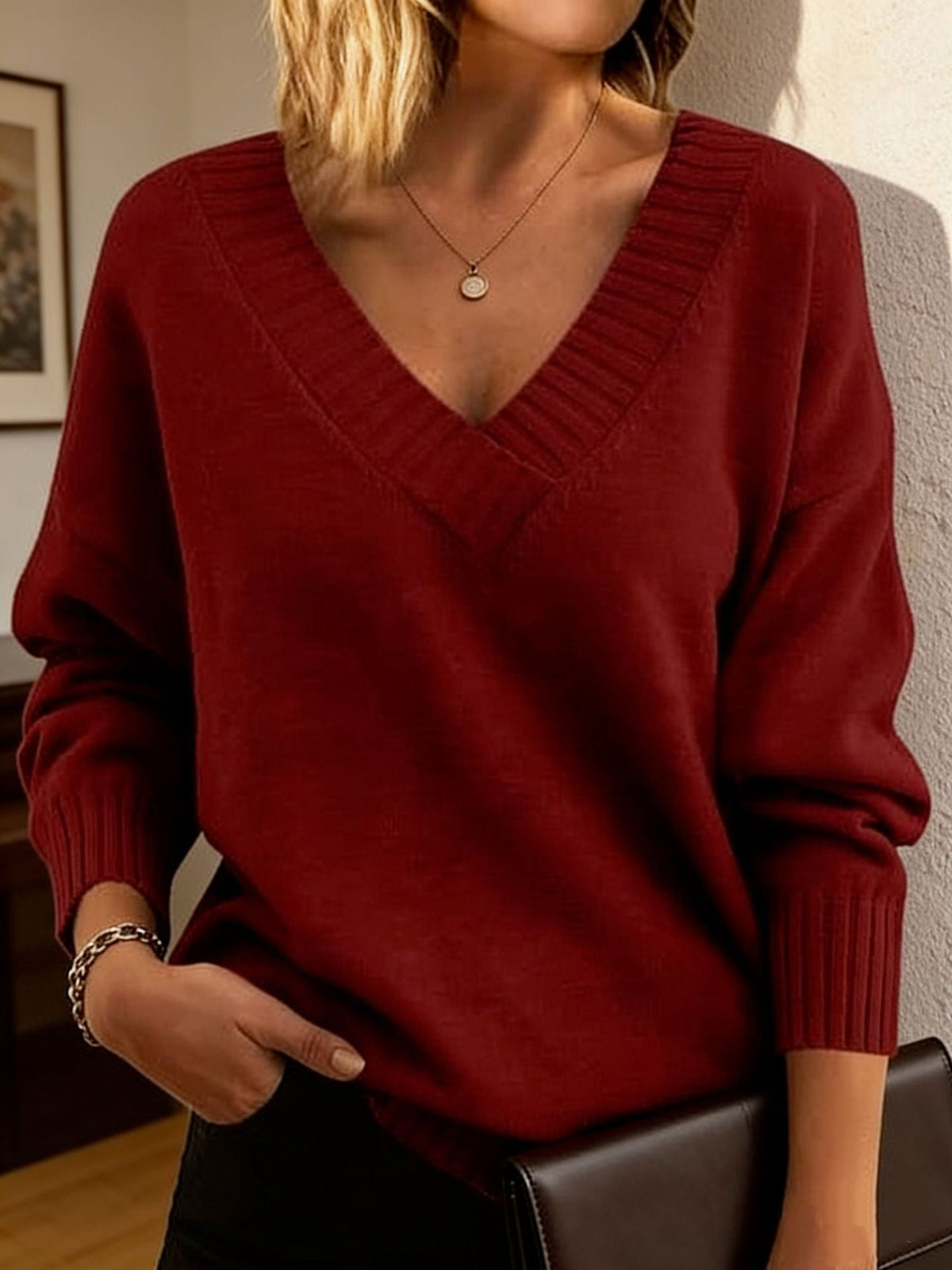 Women's Deep V Neck Knit Sweater in Burgundy