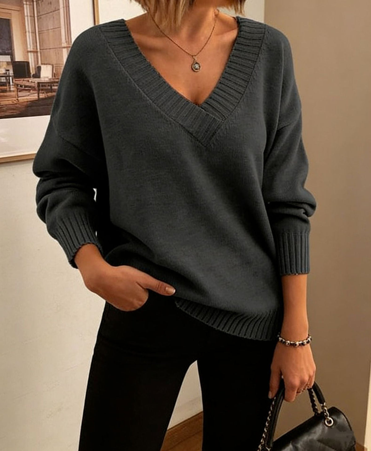 Women's Deep V Neck Knit Sweater in Charcoal Grey