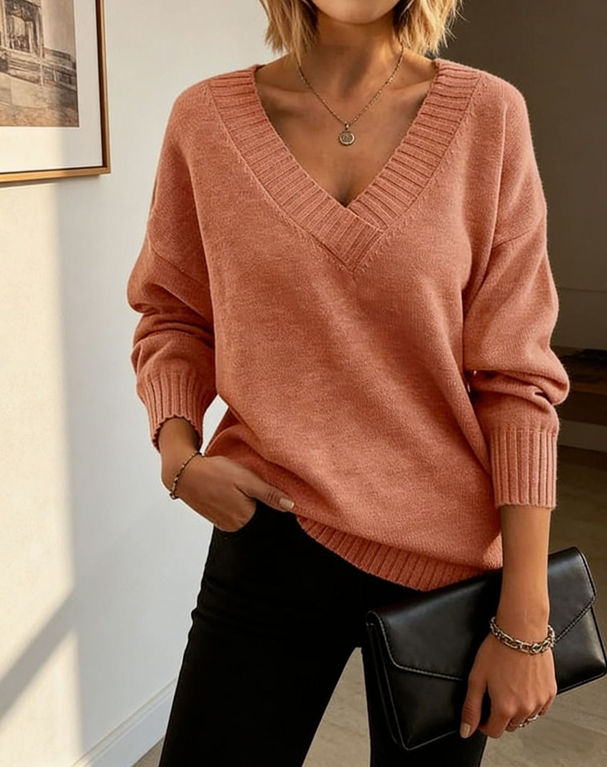 Women's Deep V Neck Knit Sweater in Coral