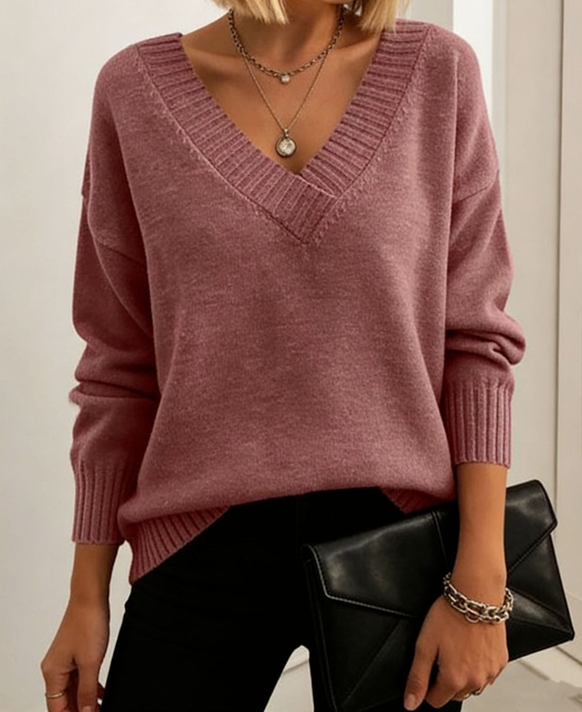 Women's Deep V Neck Knit Sweater in Dusty Rose