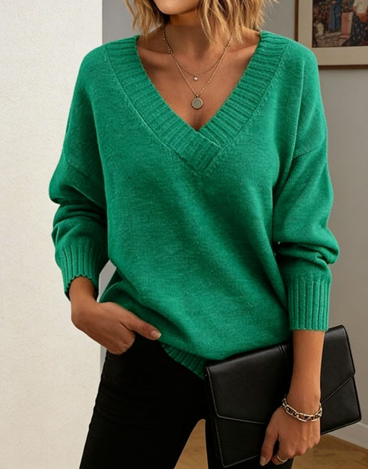 Women's Deep V Neck Knit Sweater in Emerald Green