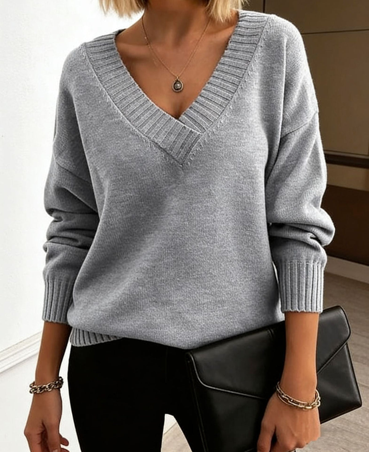 Women's Deep V Neck Knit Sweater in Light Grey