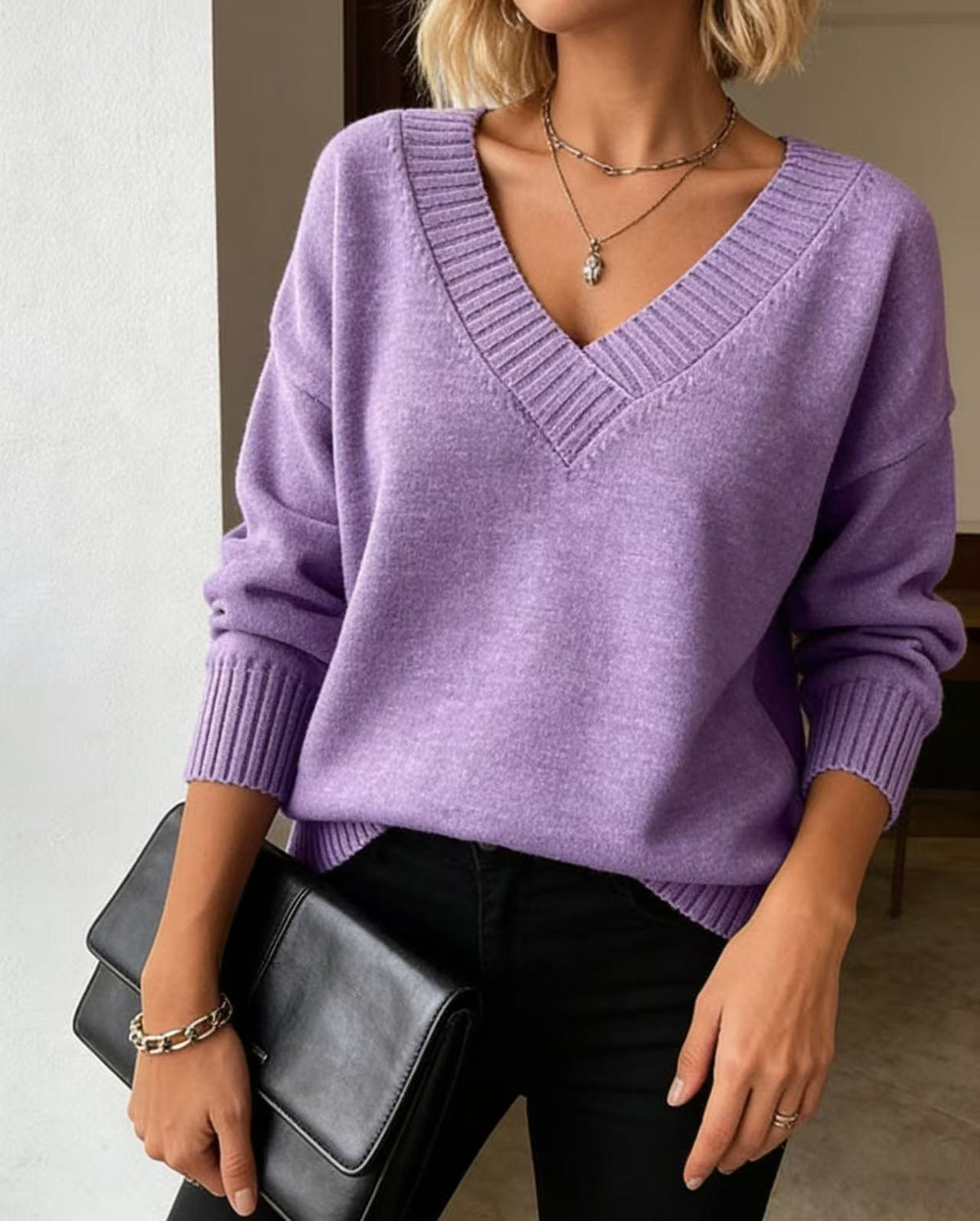 Women's Deep V Neck Knit Sweater in Lilac