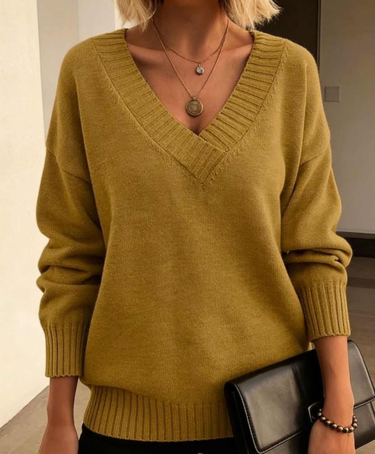 Women's Deep V Neck Knit Sweater in Mustard