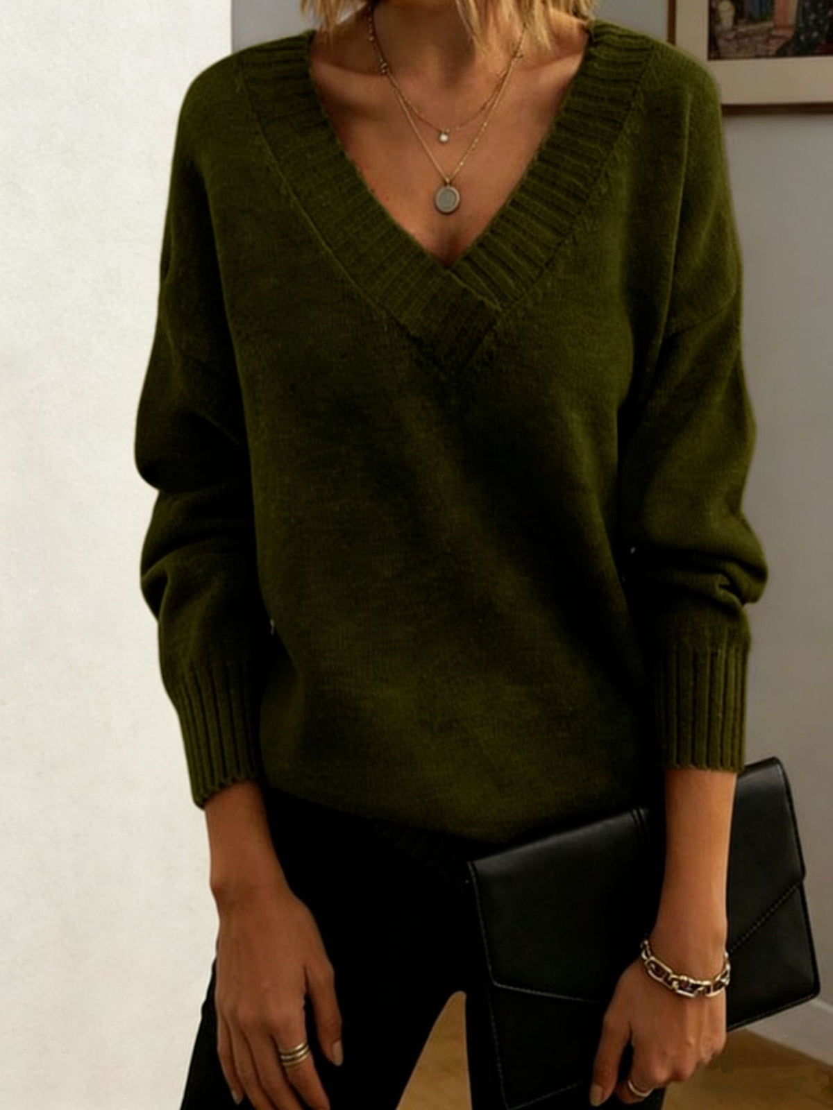 Women's Deep V Neck Knit Sweater in Olive Green