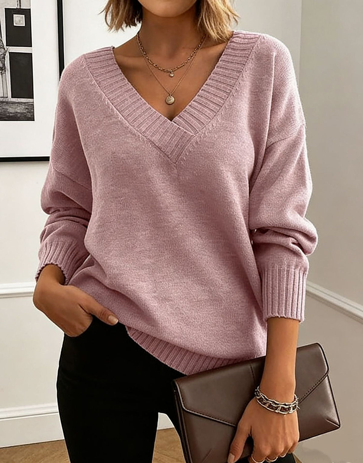 Women's Deep V Neck Knit Sweater in Pink