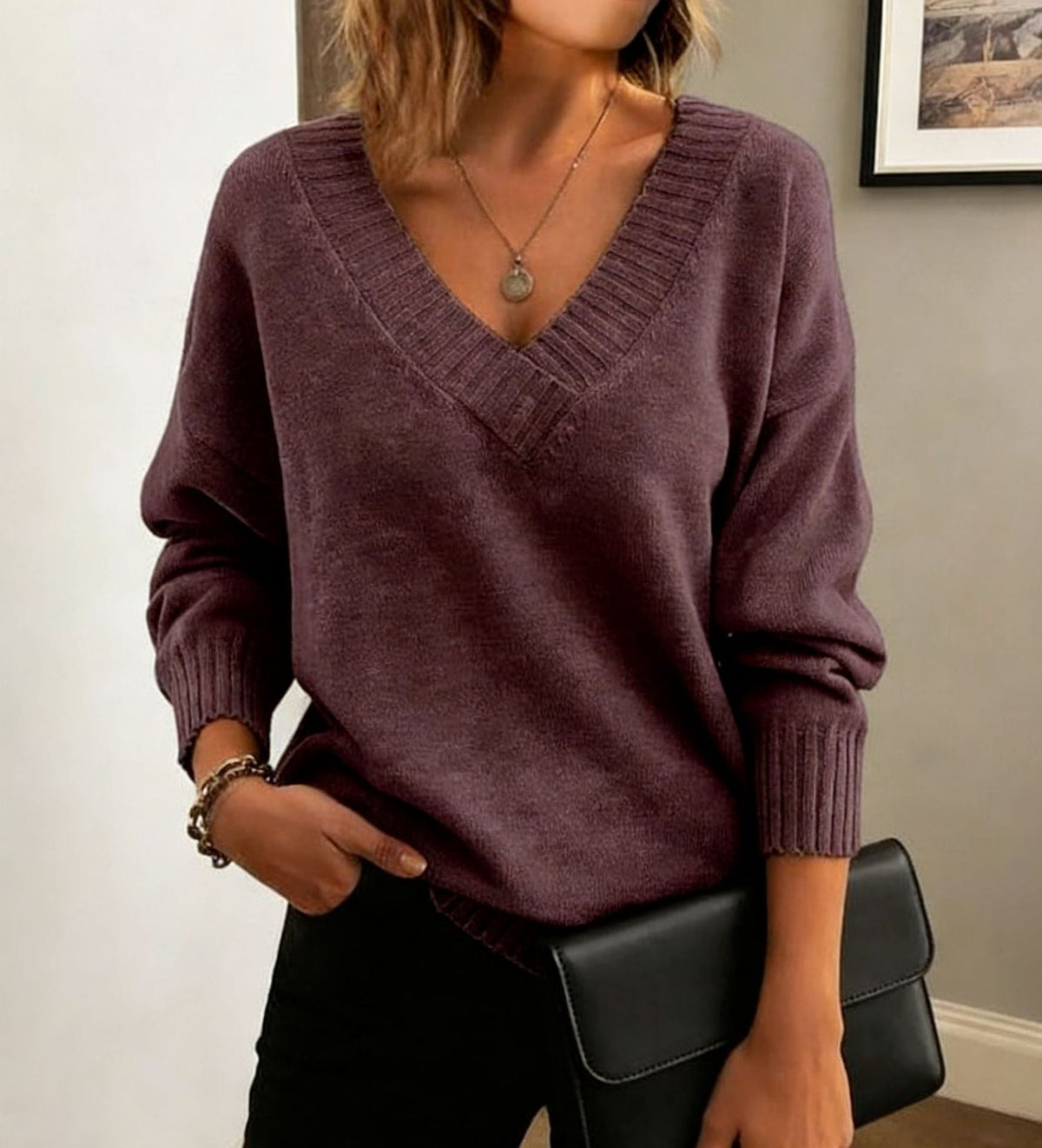 Women's Deep V Neck Knit Sweater in Plum
