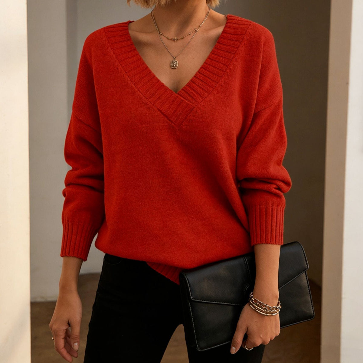 Women's Deep V Neck Knit Sweater in Red