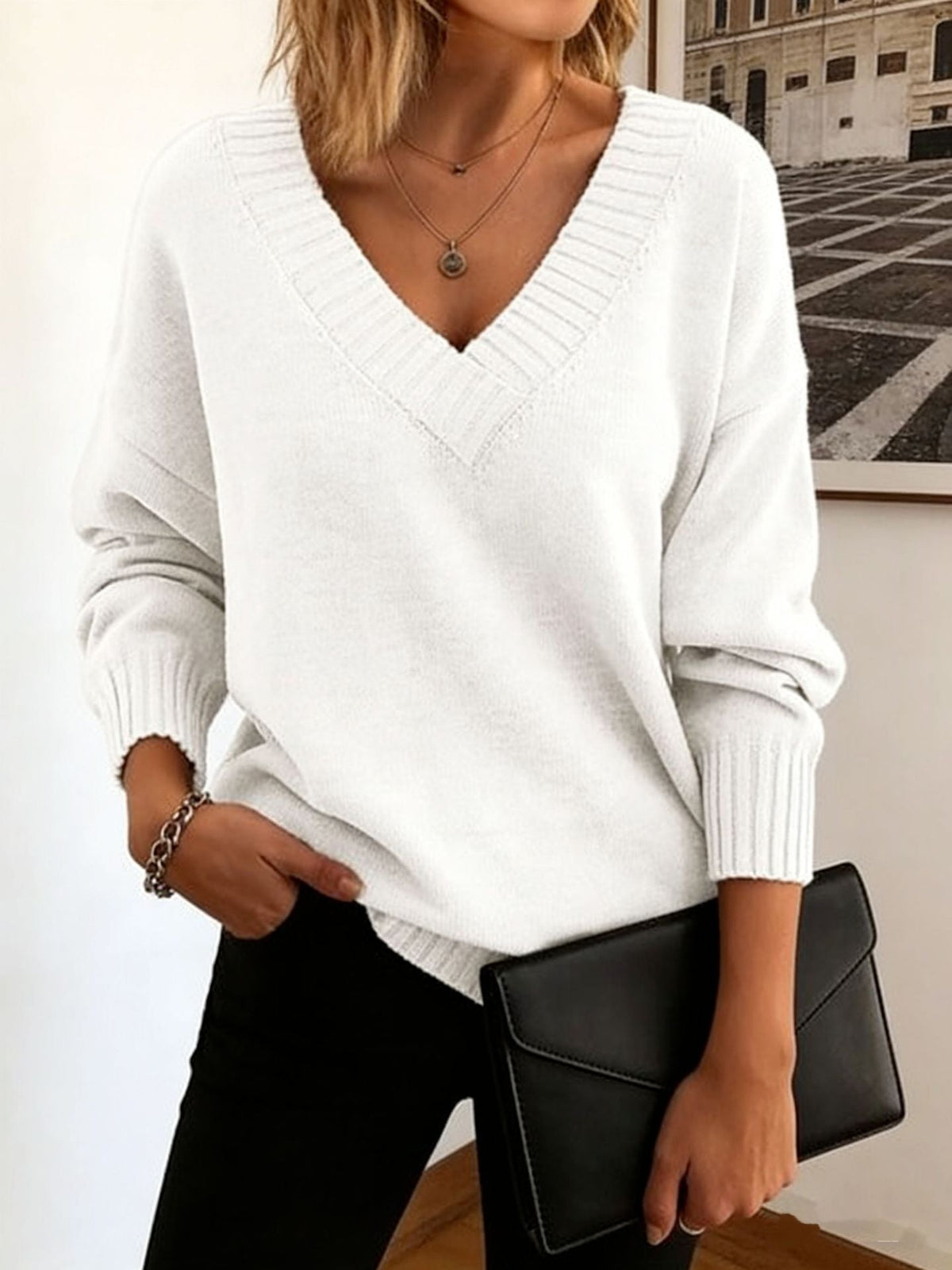 Women's Deep V Neck Knit Sweater in White