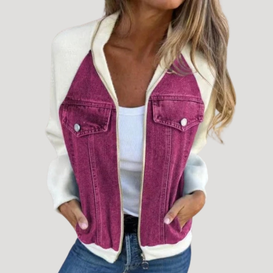 Women's Denim Bomber Jacket in Magenta