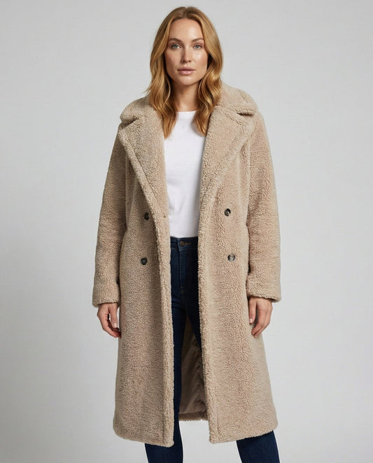 Women's Double Breasted Teddy Coat in Beige