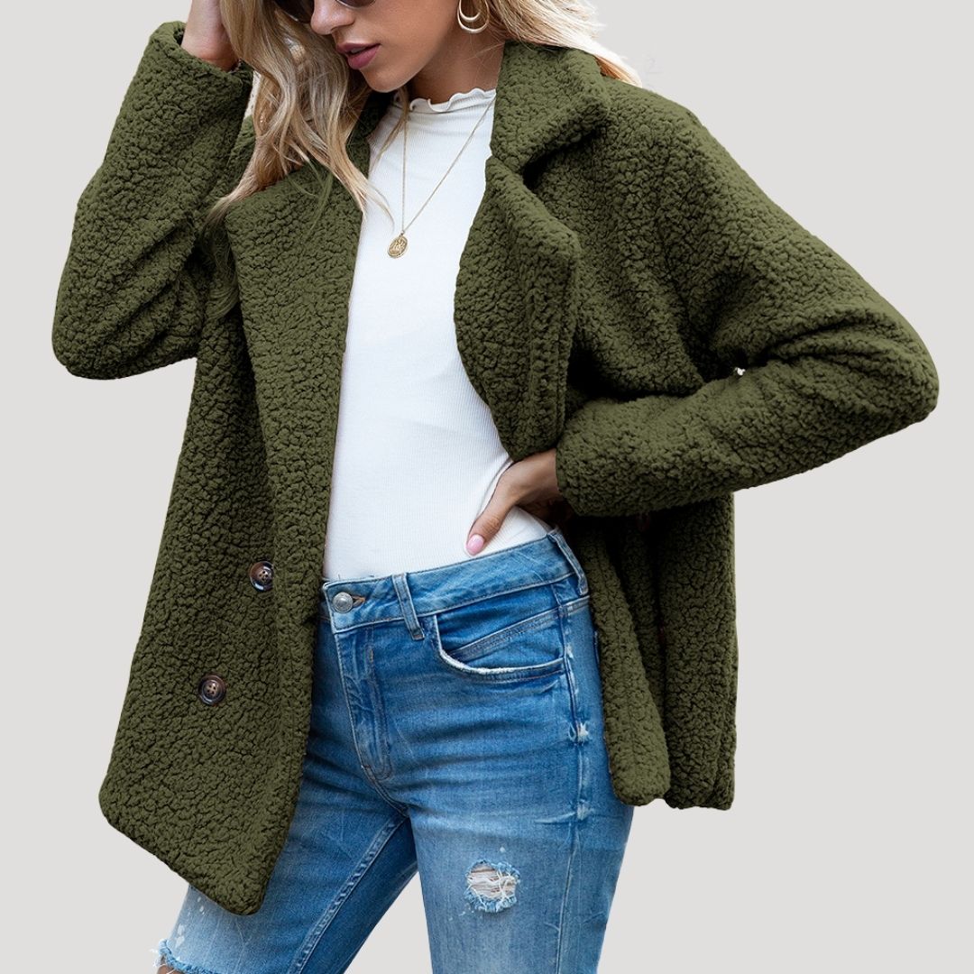 Women's Double Breasted Teddy Winter Jacket in Army Green