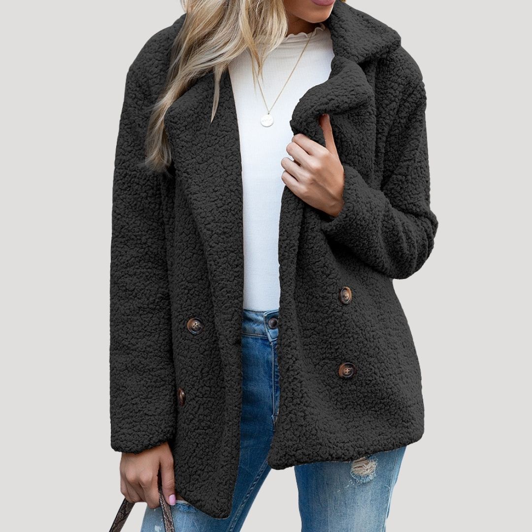 Women's Double Breasted Teddy Winter Jacket in Black