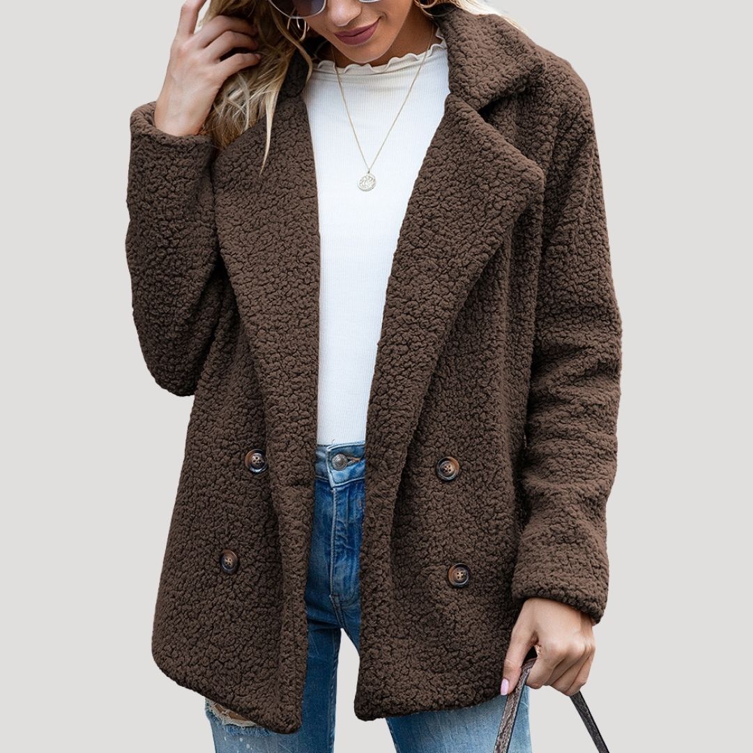 Women's Double Breasted Teddy Winter Jacket in Brown