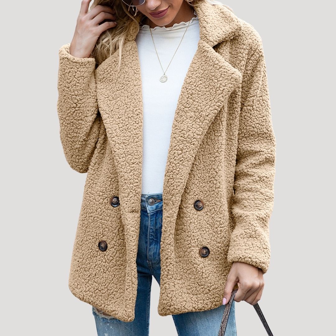 Women's Double Breasted Teddy Winter Jacket in Camel