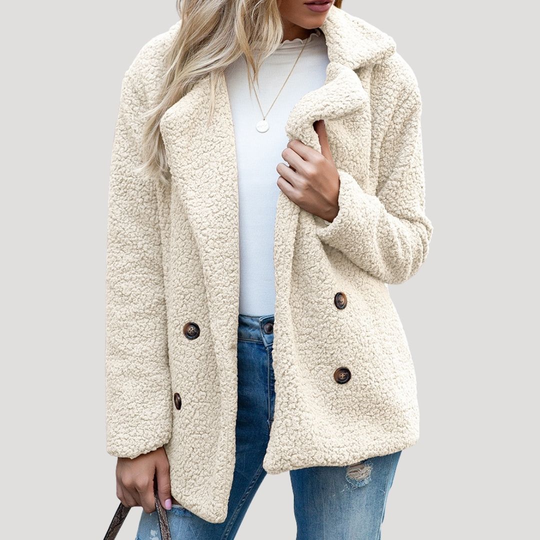 Women's Double Breasted Teddy Winter Jacket in Cream