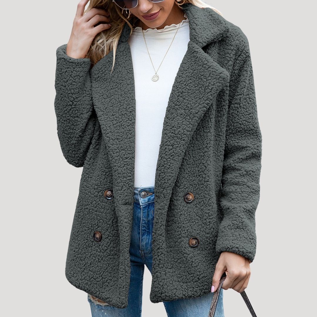 Women's Double Breasted Teddy Winter Jacket in Dark Grey