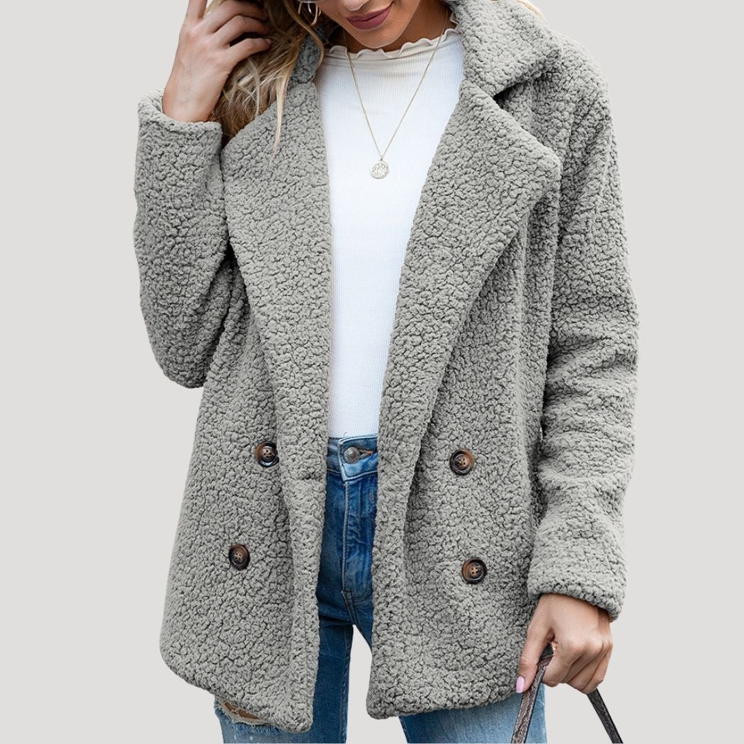 Women's Double Breasted Teddy Winter Jacket in Light Grey
