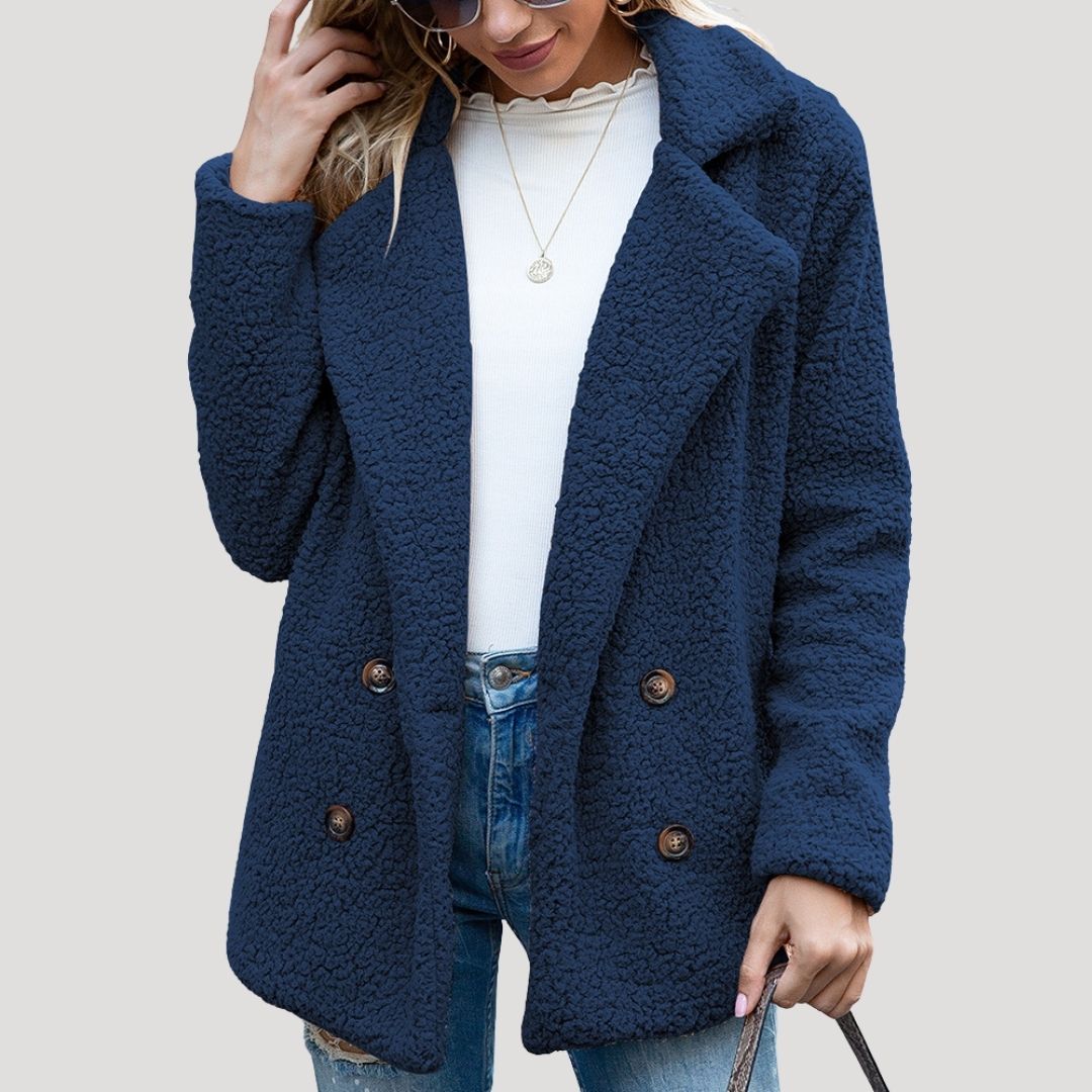 Women's Double Breasted Teddy Winter Jacket in Navy