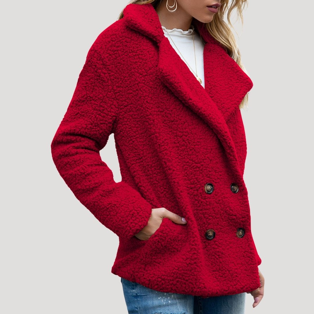 Women's Double Breasted Teddy Winter Jacket in Red
