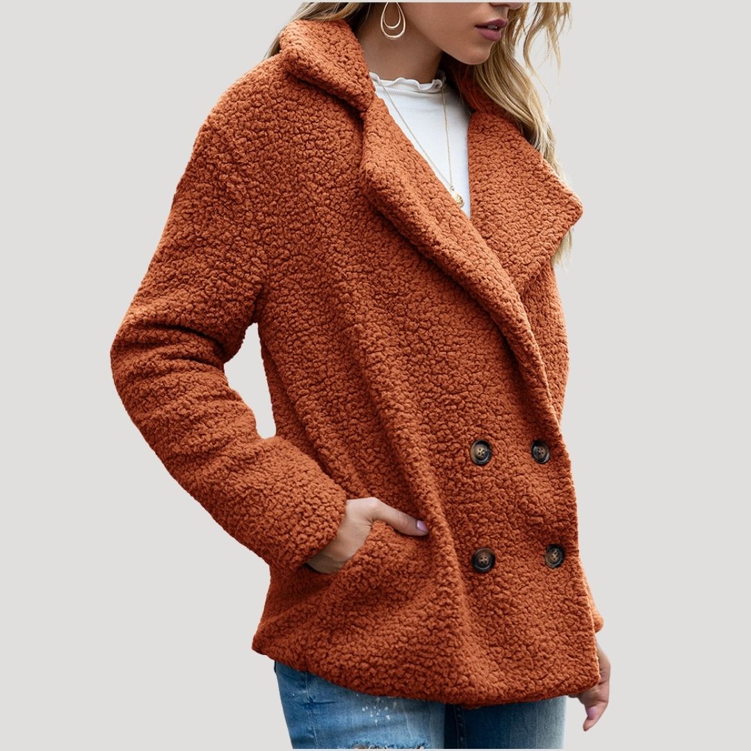 Women's Double Breasted Teddy Winter Jacket in Rust