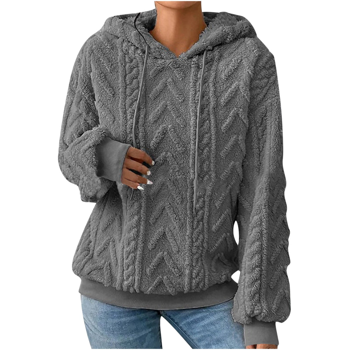 Women's Embossed Teddy Hoodie in Grey
