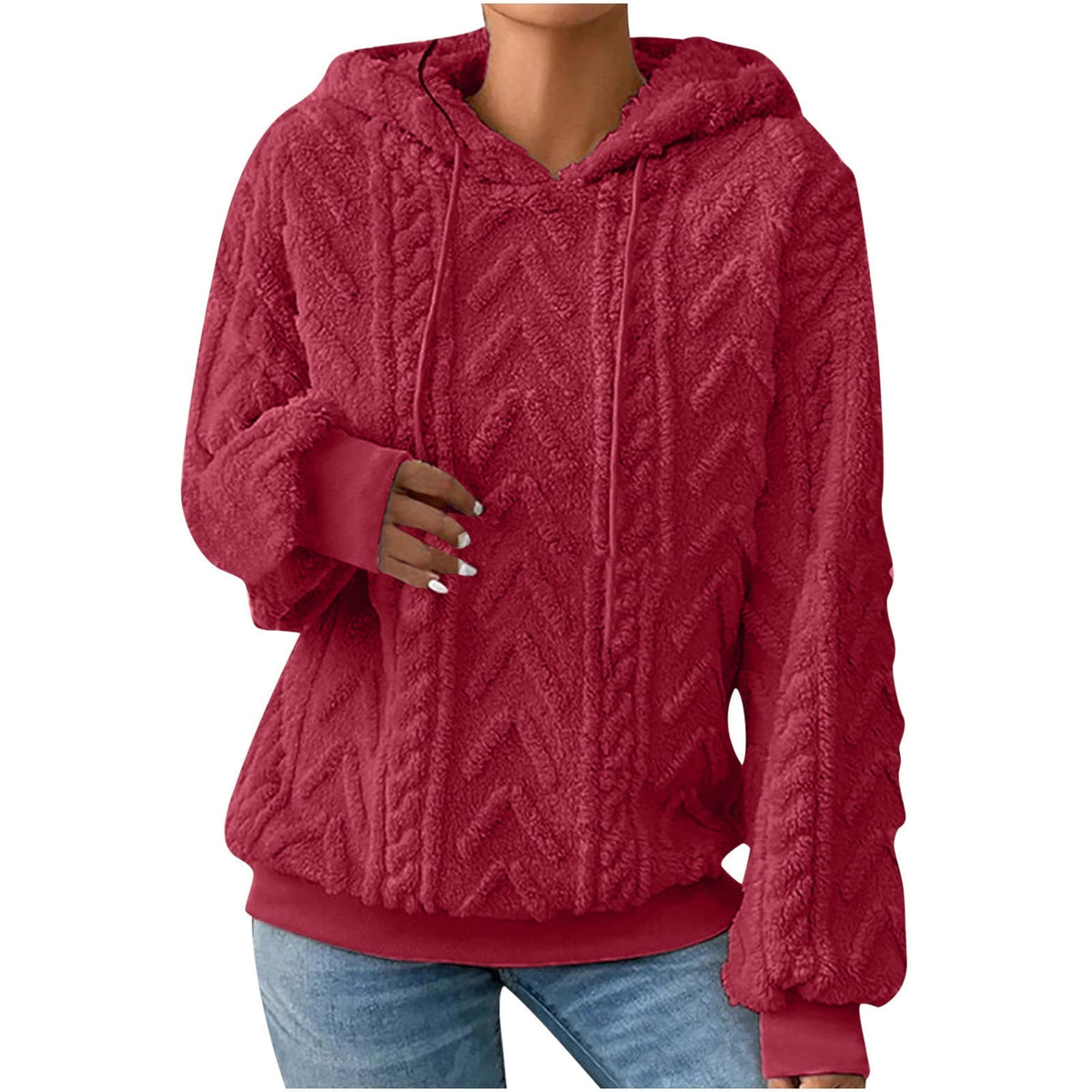 Women's Embossed Teddy Hoodie in Red