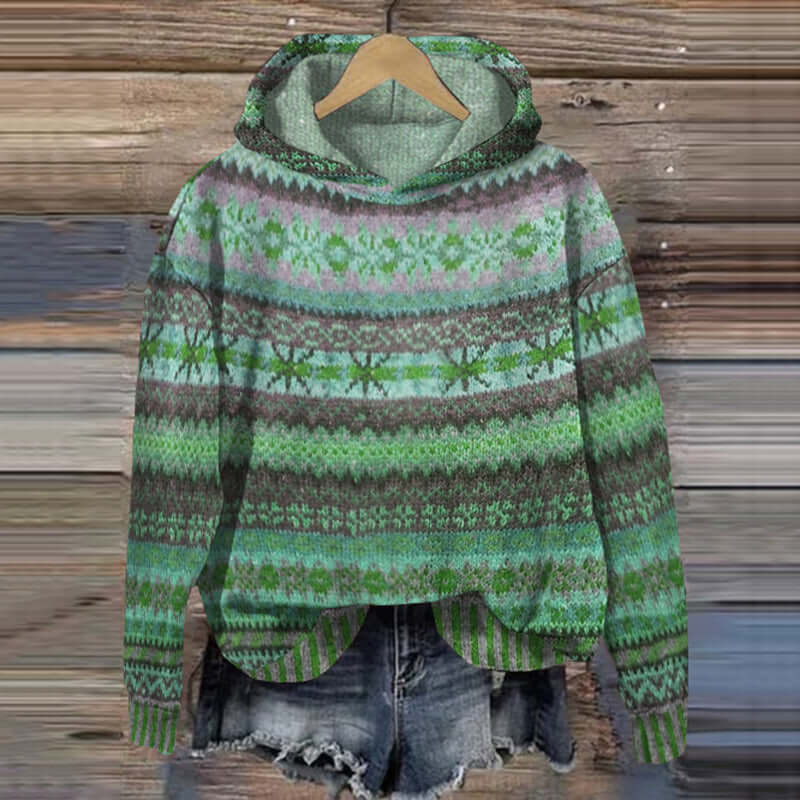 Women's Fair Isle Hooded Sweater in Green