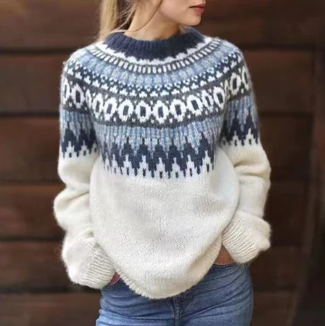 Women's Fair Isle Yoke Sweater in Ivory Blue