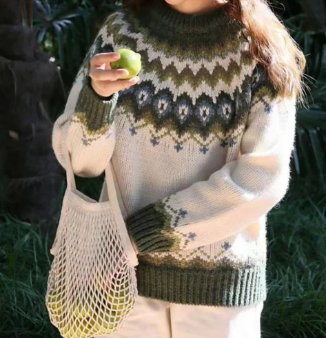 Women's Fair Isle Yoke Sweater in Ivory Green