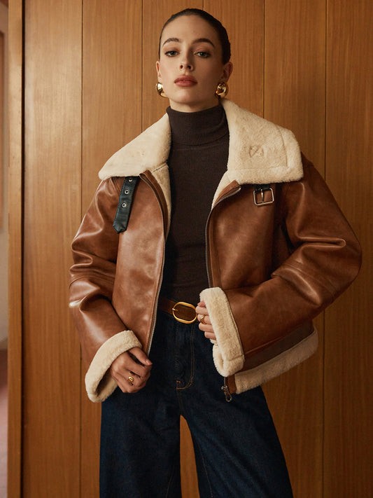 Women's Faux Leather Aviator Jacket