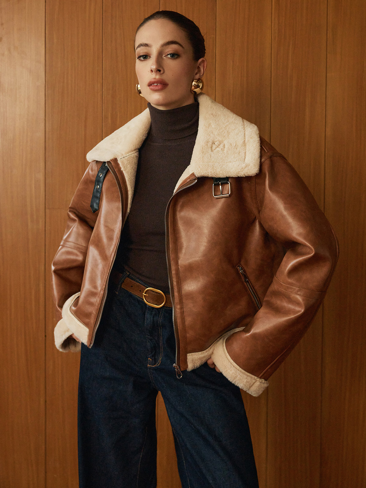 Women's Faux Leather Aviator Jacket in Brown