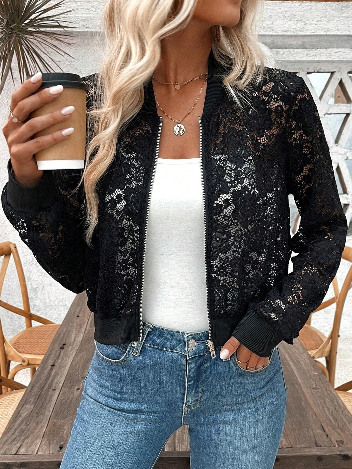 Women's Floral Lace Bomber Jacket in Black