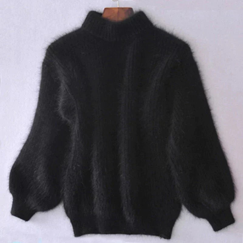 Women's Fluffy Knit Turtleneck Sweater in Black